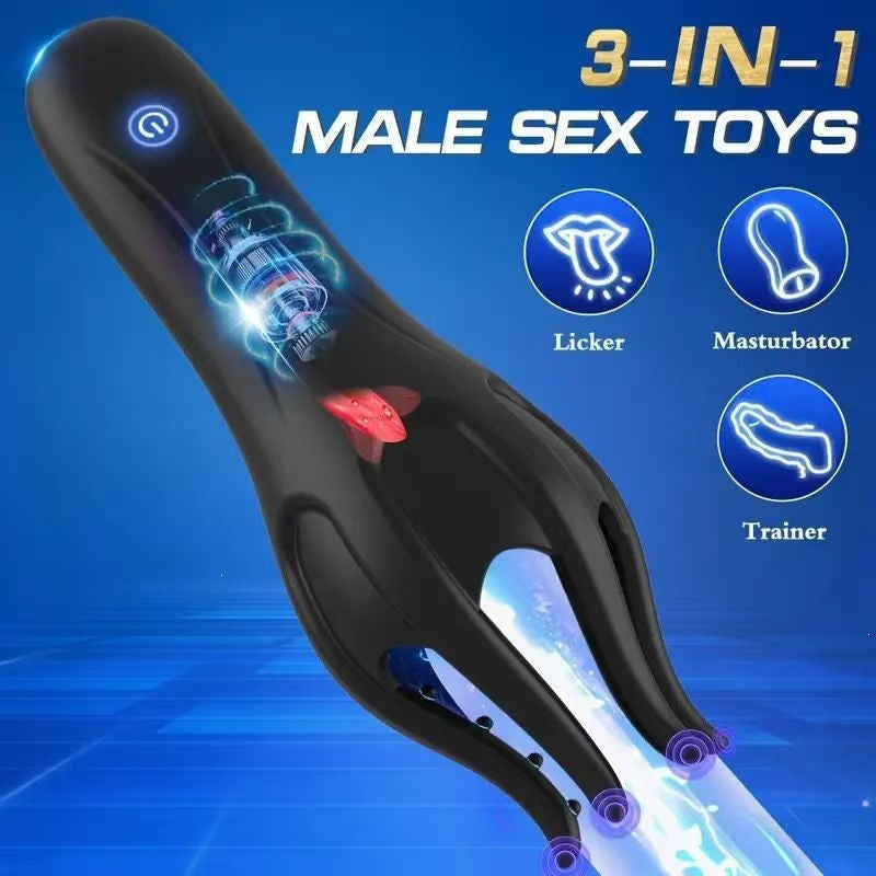 3-in-1 Tongue Licking Vibrating Masturbator – Licker · Vibrator · Trainer