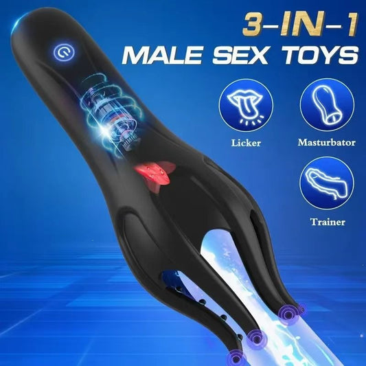 3-in-1 Tongue Licking Vibrating Masturbator – Licker · Vibrator · Trainer